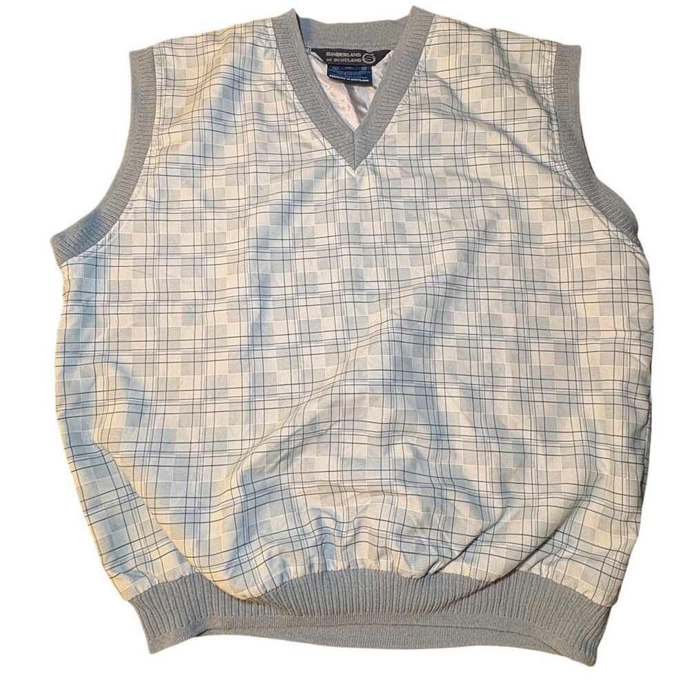 Sunderland of Scotland V-Neck Pullover Vest Blue Gray White Grid-Check XL